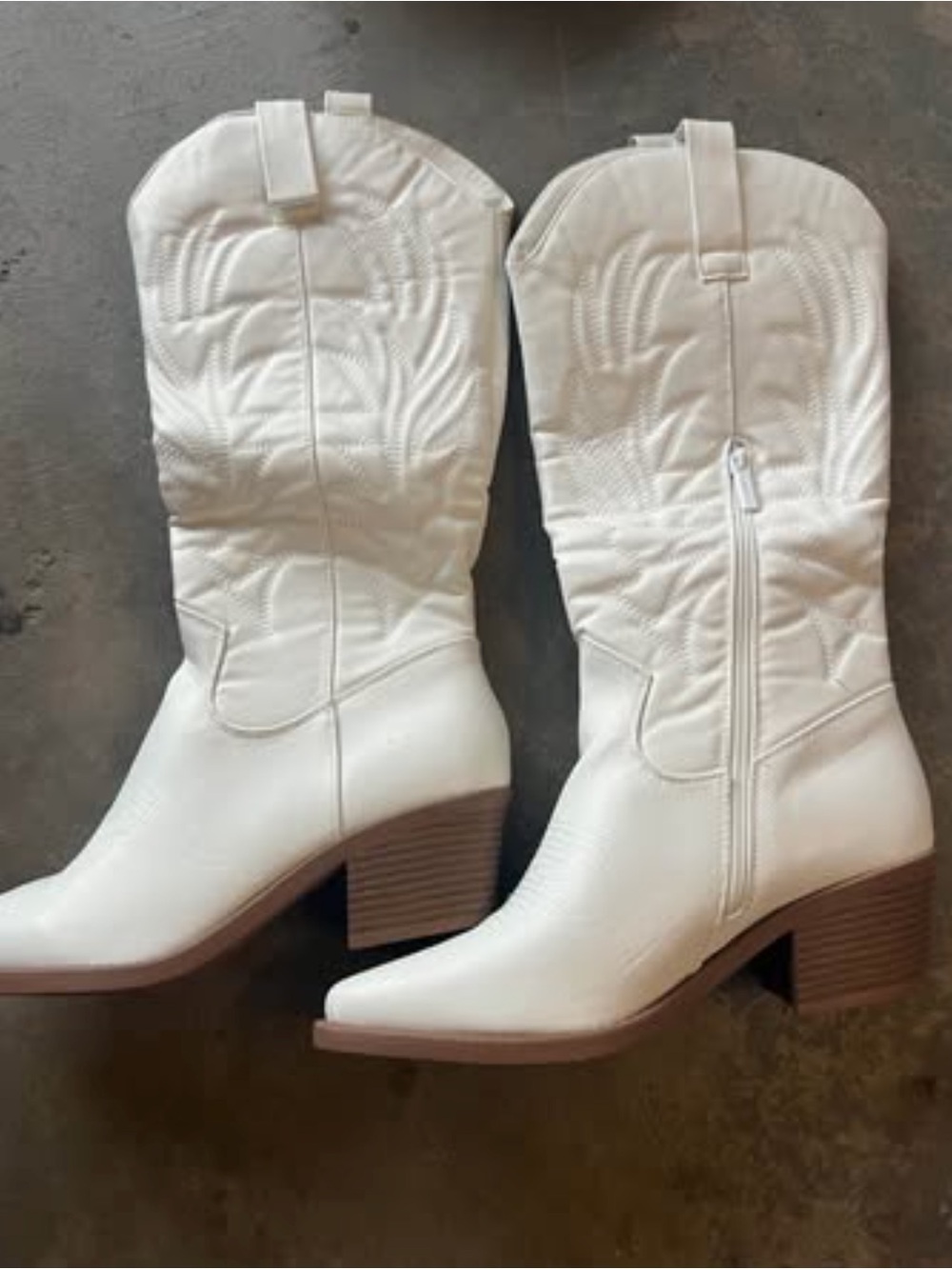 White Western Mid-Calf Block Heel Boots